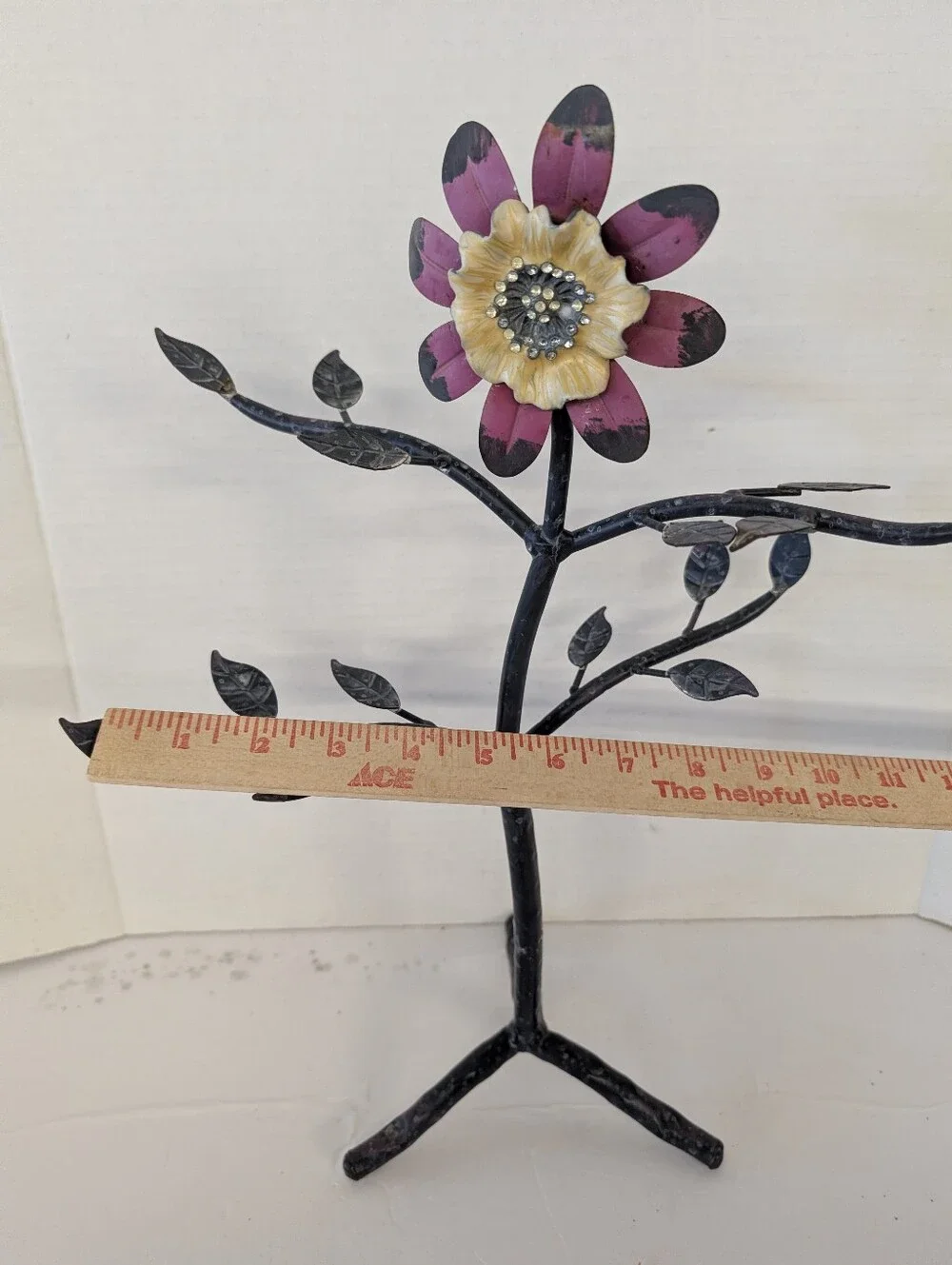 Vintage Jewelry Stand  Metal with Pink Petals and Yellow Center